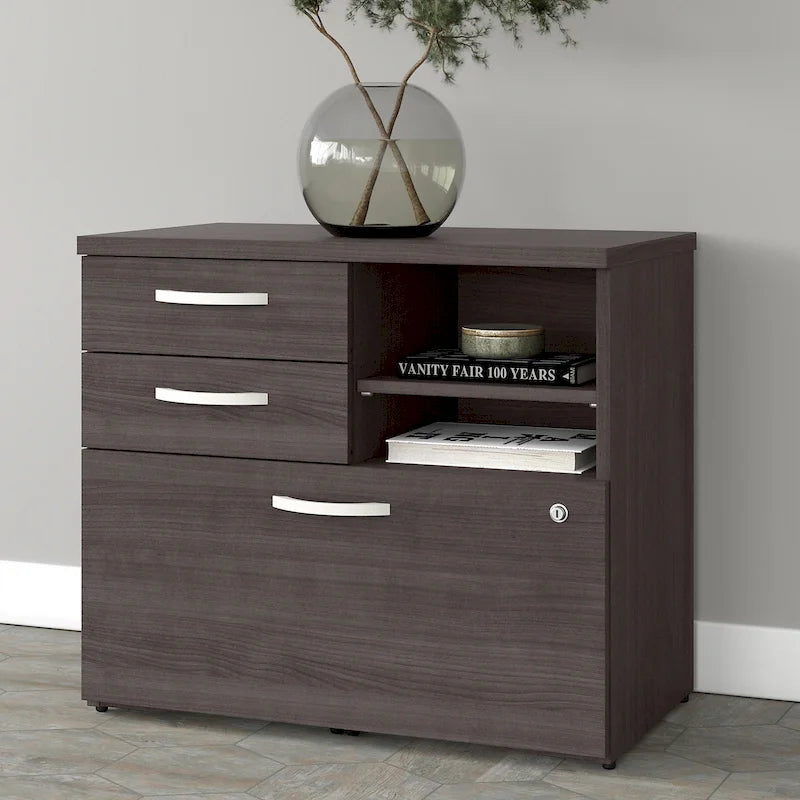 Modern Office Storage Cabinet with Drawers Open Shelves Locking File Storm Gray