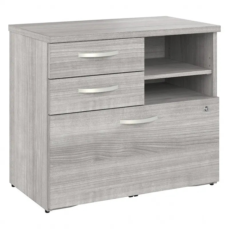 Modern Office Storage Cabinet with Drawers Open Shelves Locking File Storm Gray