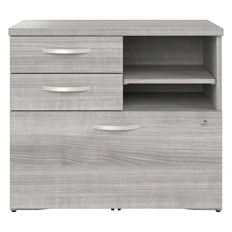 Modern Office Storage Cabinet with Drawers Open Shelves Locking File Storm Gray