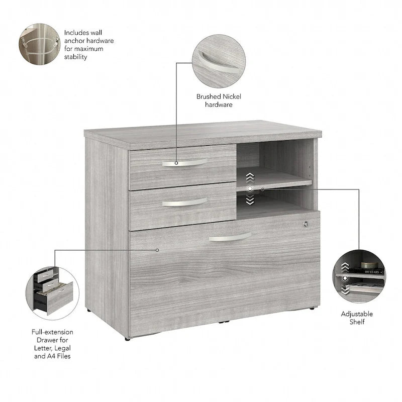 Modern Office Storage Cabinet with Drawers Open Shelves Locking File Storm Gray
