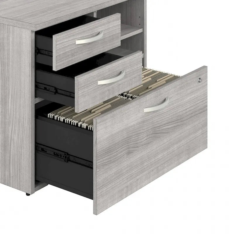Modern Office Storage Cabinet with Drawers Open Shelves Locking File Storm Gray