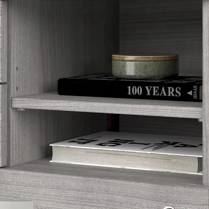 Modern Office Storage Cabinet with Drawers Open Shelves Locking File Storm Gray