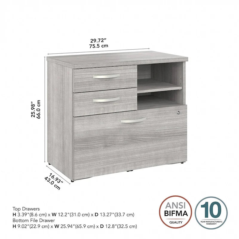 Modern Office Storage Cabinet with Drawers Open Shelves Locking File Storm Gray