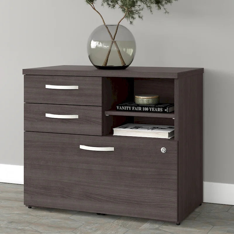 Modern Office Storage Cabinet with Drawers Open Shelves Locking File Storm Gray