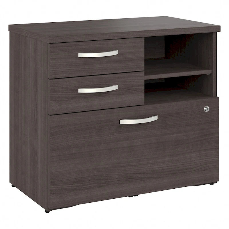 Modern Office Storage Cabinet with Drawers Open Shelves Locking File Storm Gray