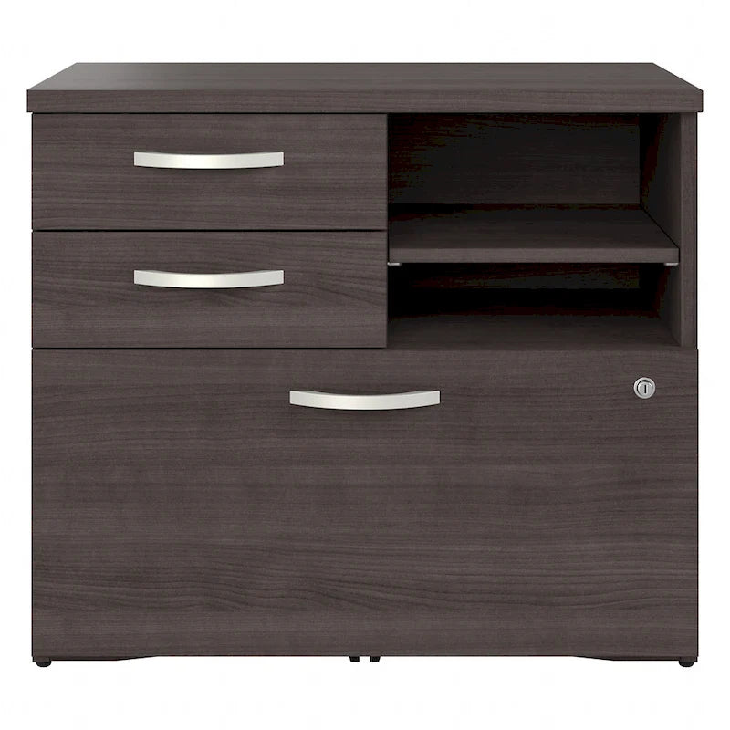 Modern Office Storage Cabinet with Drawers Open Shelves Locking File Storm Gray