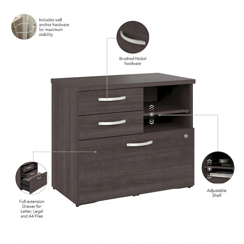 Modern Office Storage Cabinet with Drawers Open Shelves Locking File Storm Gray