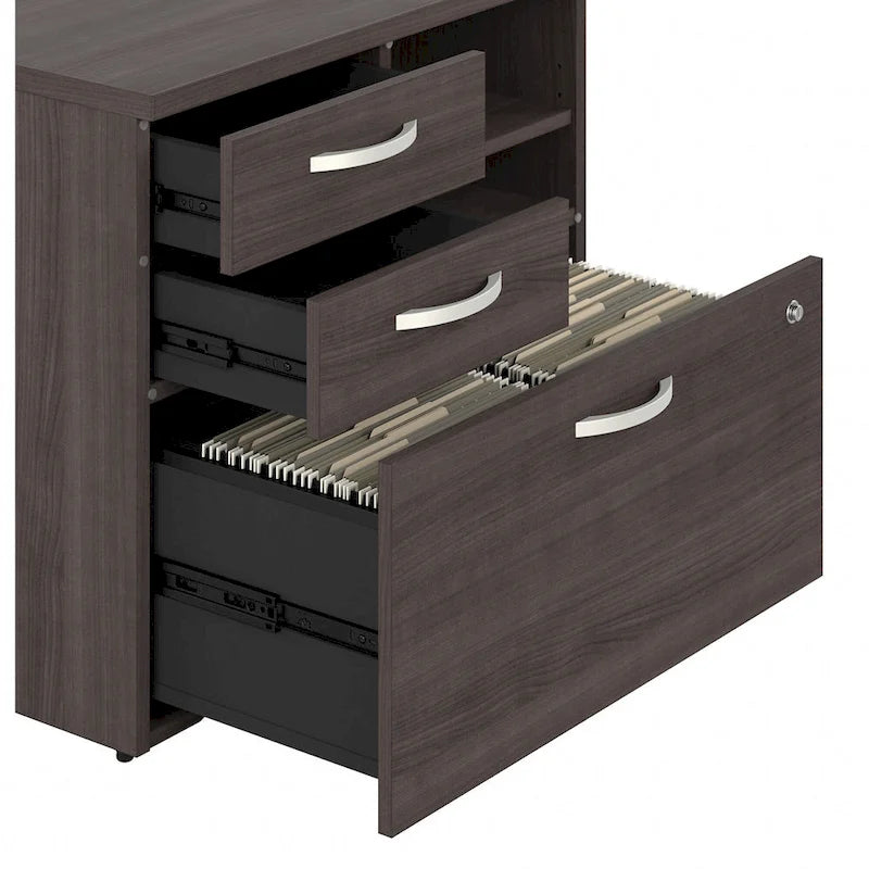 Modern Office Storage Cabinet with Drawers Open Shelves Locking File Storm Gray