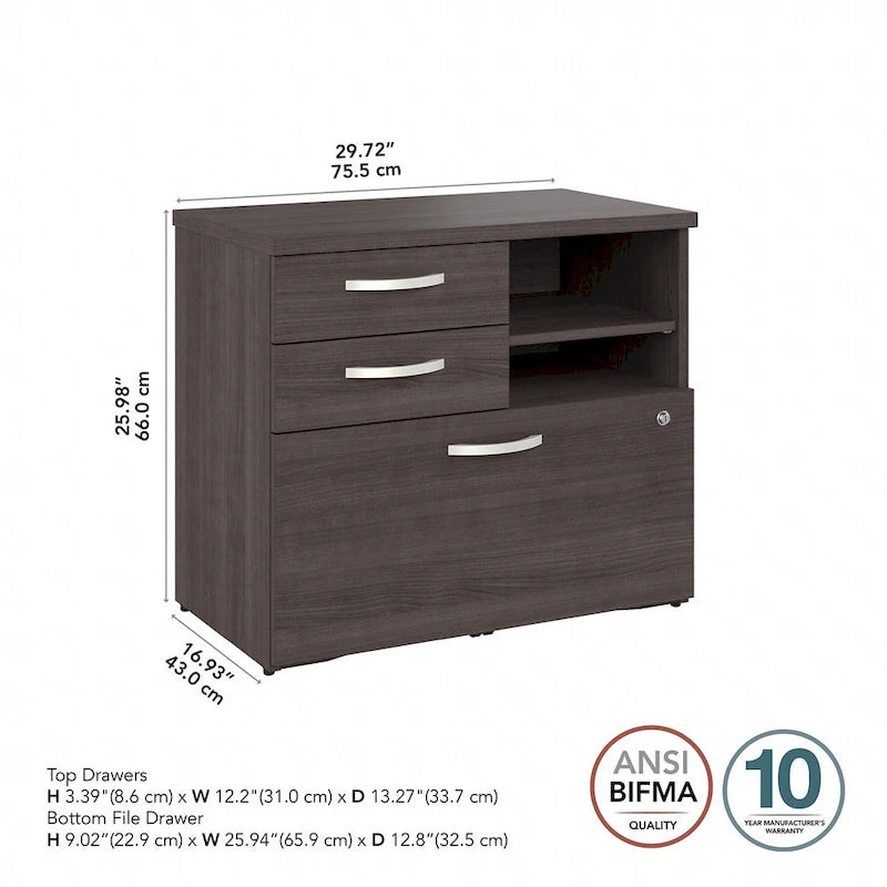 Modern Office Storage Cabinet with Drawers Open Shelves Locking File Storm Gray