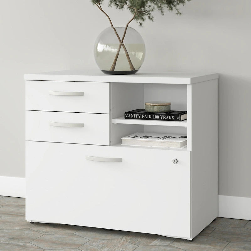 Modern Office Storage Cabinet with Drawers Open Shelves Locking File Storm Gray