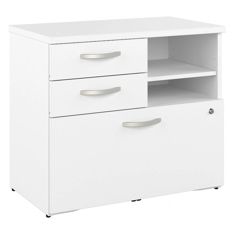 Modern Office Storage Cabinet with Drawers Open Shelves Locking File Storm Gray