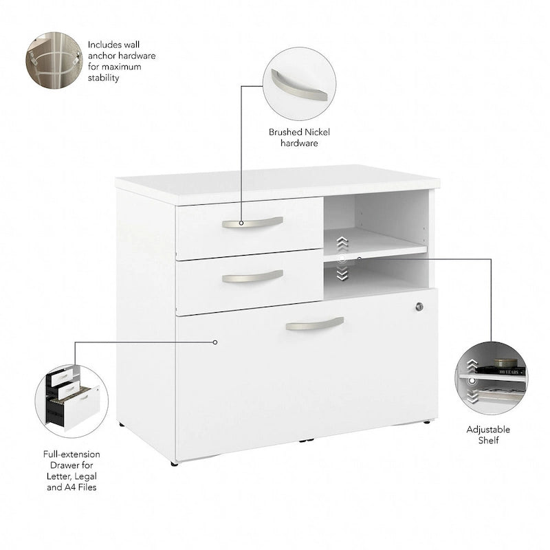 Modern Office Storage Cabinet with Drawers Open Shelves Locking File Storm Gray