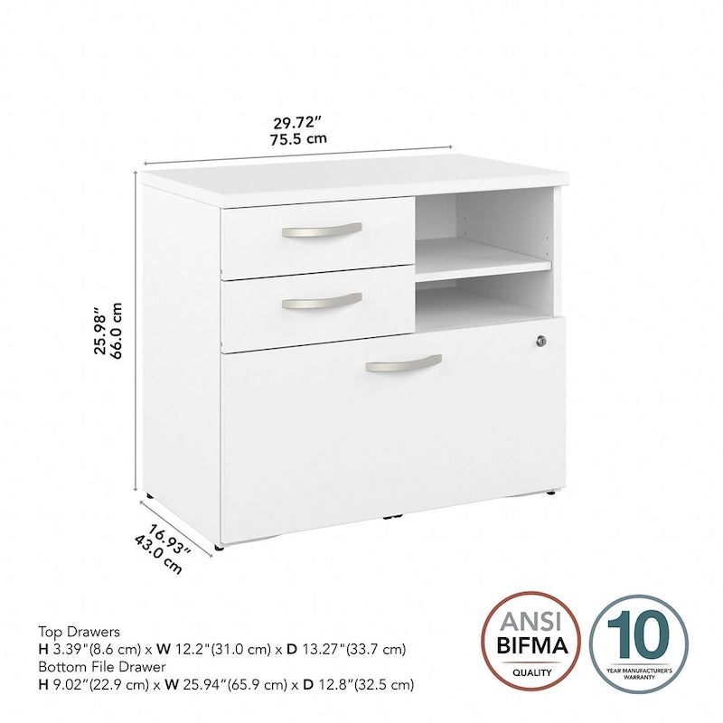 Modern Office Storage Cabinet with Drawers Open Shelves Locking File Storm Gray
