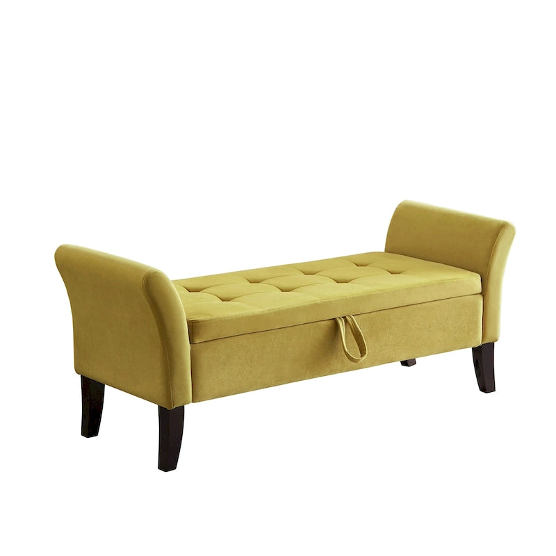 Tufted Velvet Storage Bench with Rolled Arms and Wooden Legs