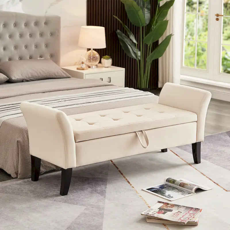 Tufted Velvet Storage Bench with Rolled Arms and Wooden Legs