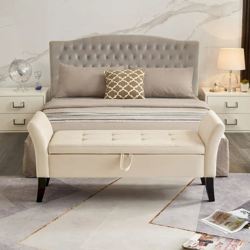 Tufted Velvet Storage Bench with Rolled Arms and Wooden Legs