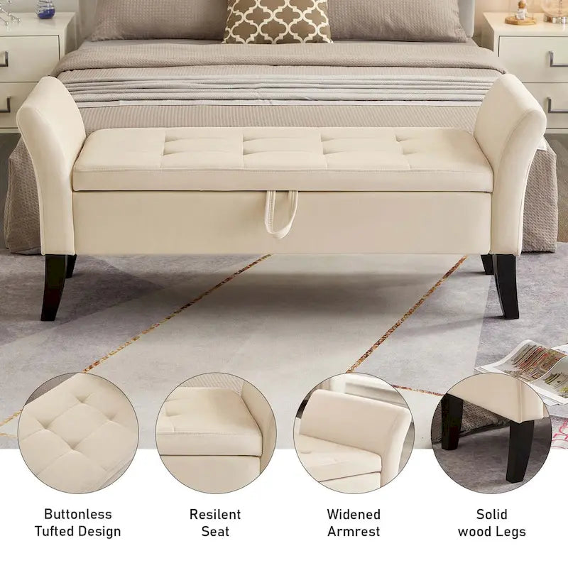 Tufted Velvet Storage Bench with Rolled Arms and Wooden Legs