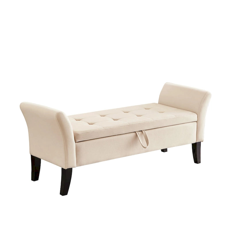 Tufted Velvet Storage Bench with Rolled Arms and Wooden Legs