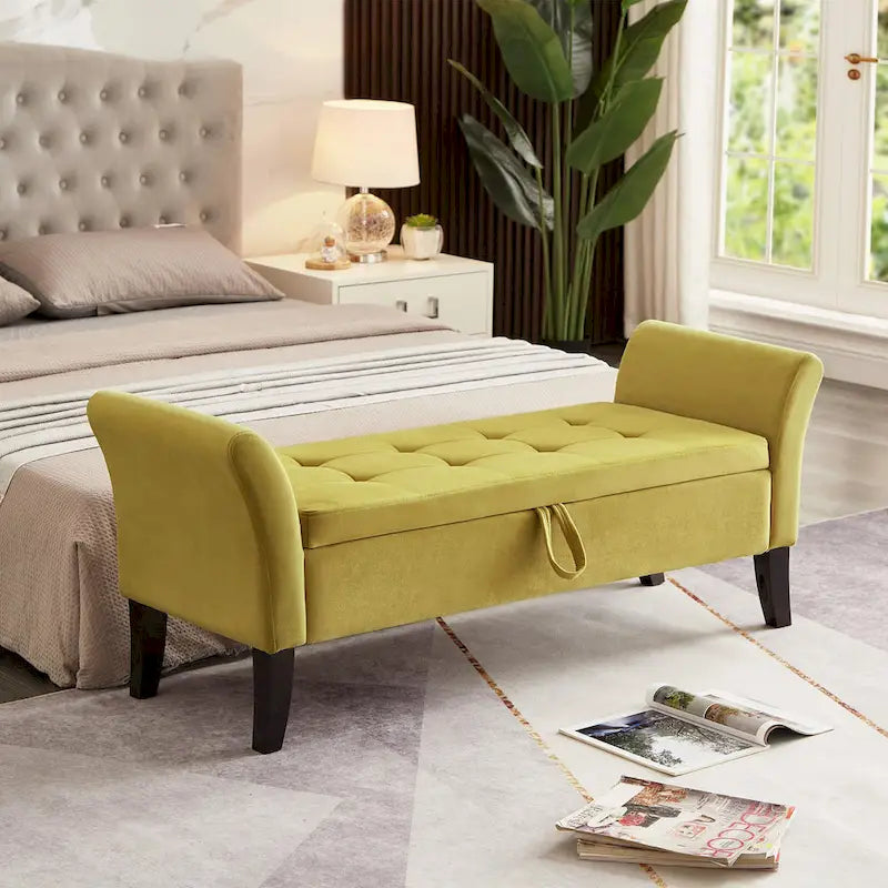 Tufted Velvet Storage Bench with Rolled Arms and Wooden Legs