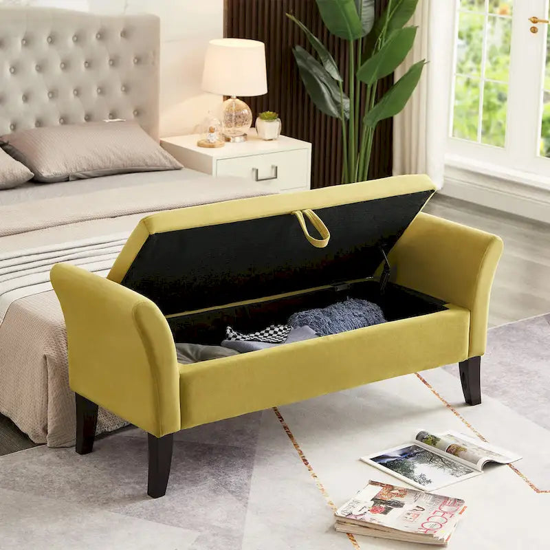 Tufted Velvet Storage Bench with Rolled Arms and Wooden Legs