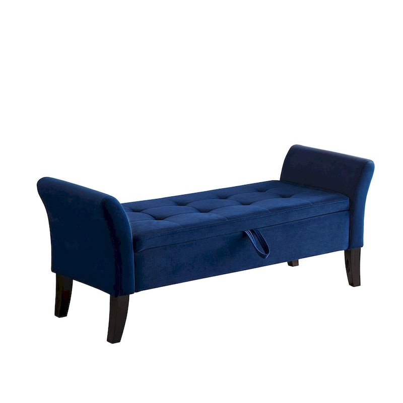 Tufted Velvet Storage Bench with Rolled Arms and Wooden Legs