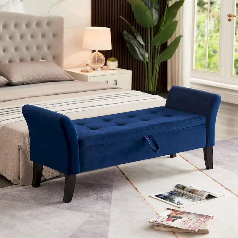 Tufted Velvet Storage Bench with Rolled Arms and Wooden Legs