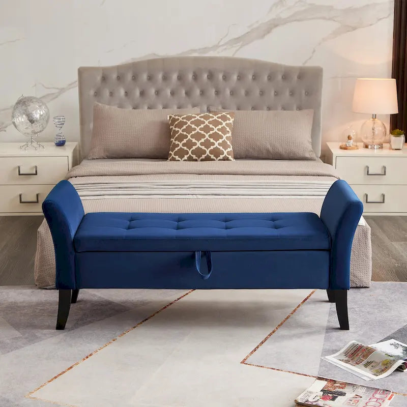 Tufted Velvet Storage Bench with Rolled Arms and Wooden Legs