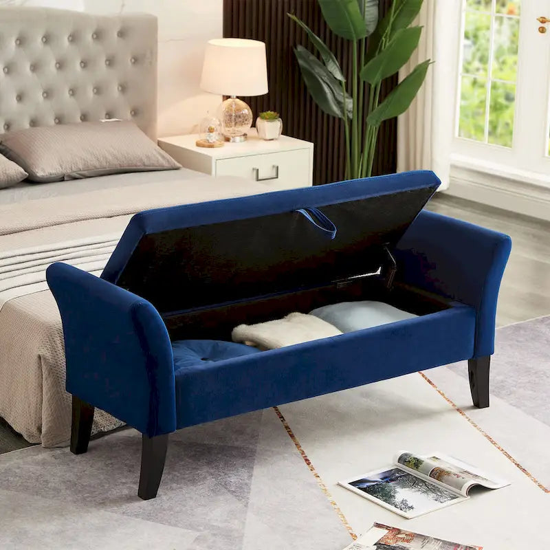 Tufted Velvet Storage Bench with Rolled Arms and Wooden Legs