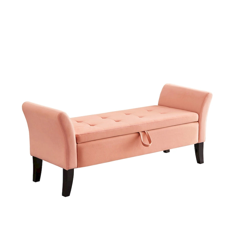 Tufted Velvet Storage Bench with Rolled Arms and Wooden Legs