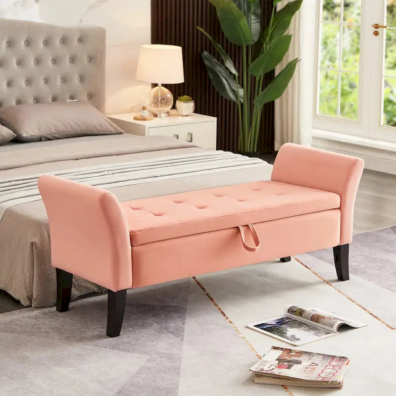 Tufted Velvet Storage Bench with Rolled Arms and Wooden Legs