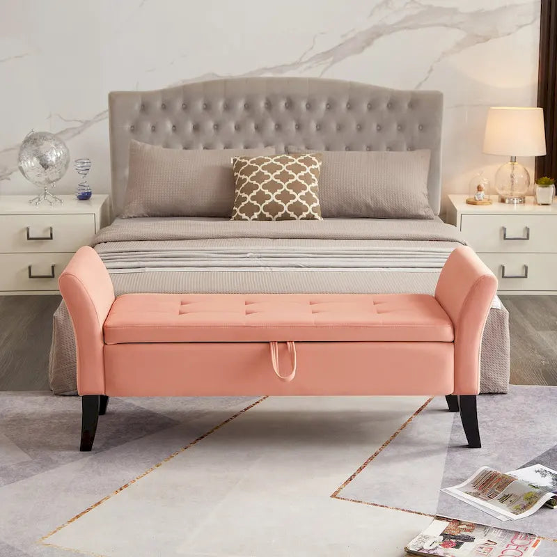 Tufted Velvet Storage Bench with Rolled Arms and Wooden Legs