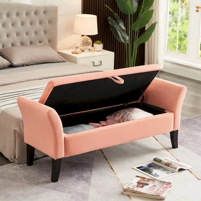 Tufted Velvet Storage Bench with Rolled Arms and Wooden Legs