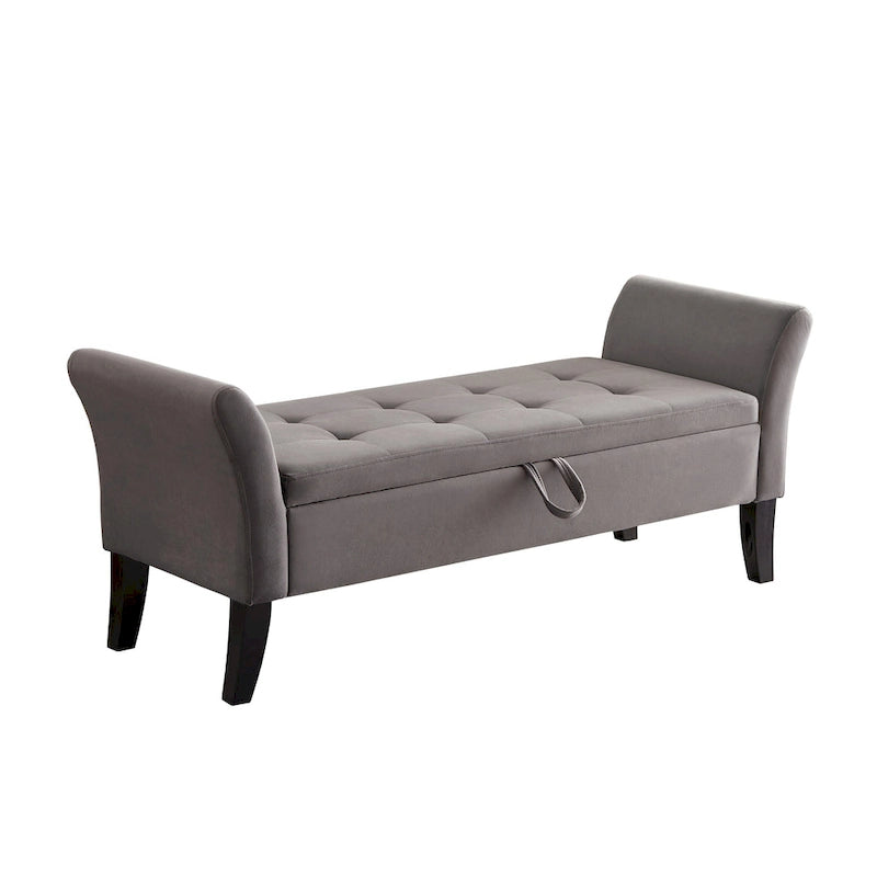 Tufted Velvet Storage Bench with Rolled Arms and Wooden Legs