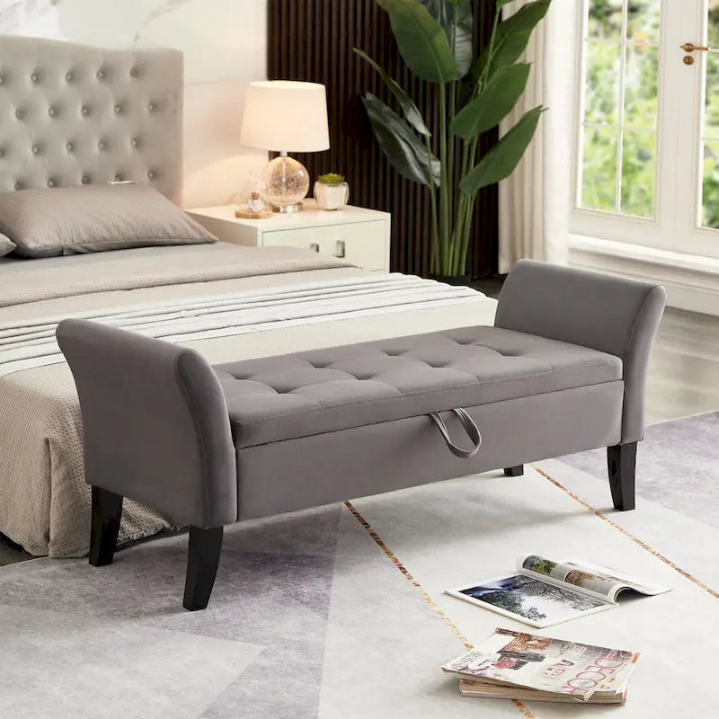Tufted Velvet Storage Bench with Rolled Arms and Wooden Legs