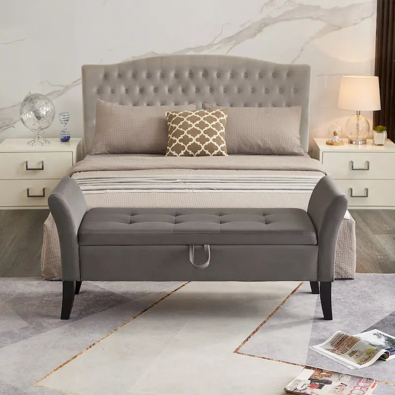 Tufted Velvet Storage Bench with Rolled Arms and Wooden Legs