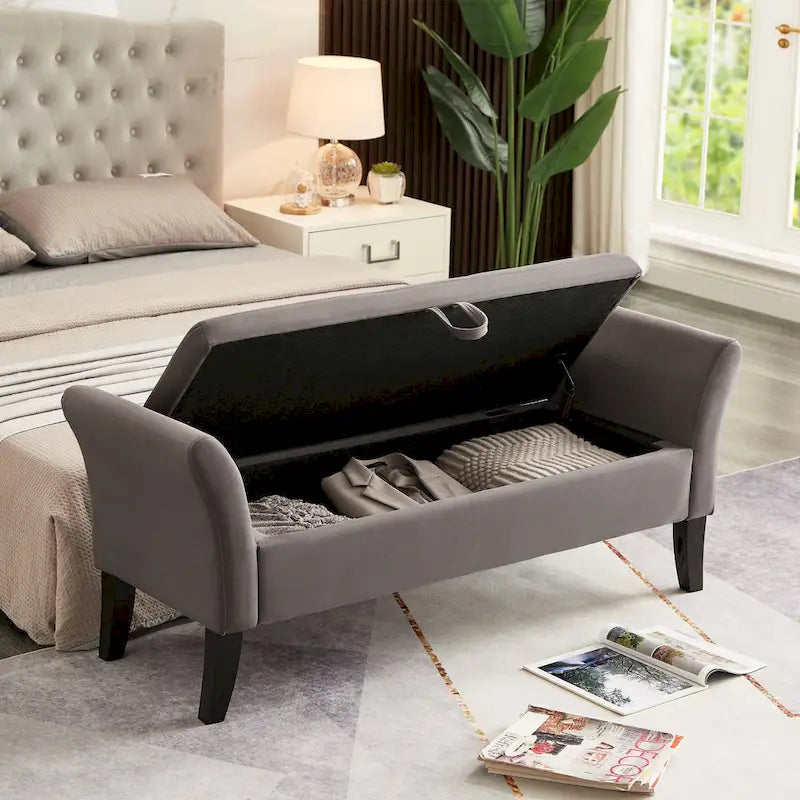 Tufted Velvet Storage Bench with Rolled Arms and Wooden Legs