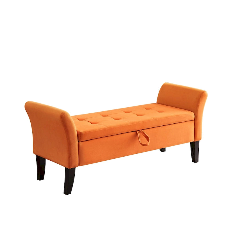 Tufted Velvet Storage Bench with Rolled Arms and Wooden Legs