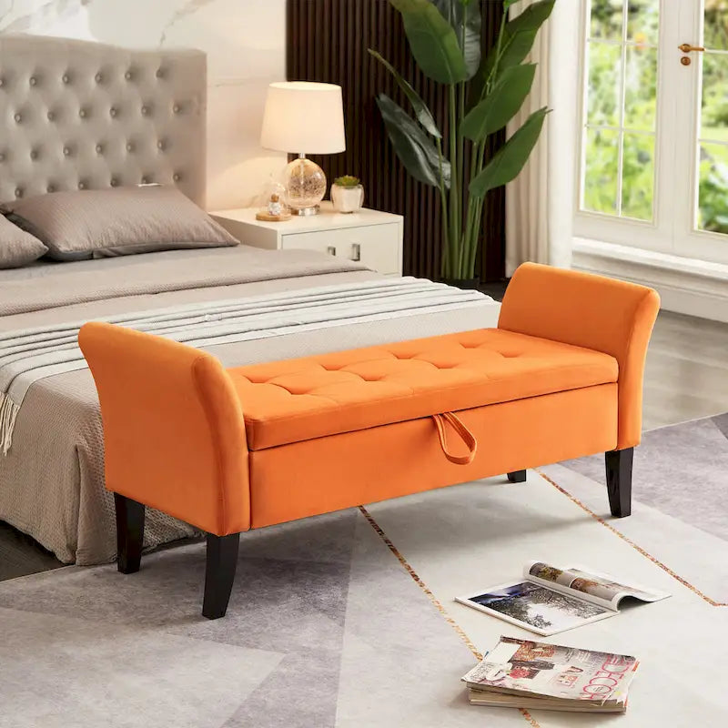 Tufted Velvet Storage Bench with Rolled Arms and Wooden Legs