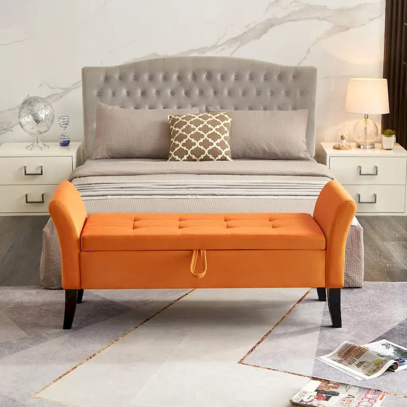 Tufted Velvet Storage Bench with Rolled Arms and Wooden Legs