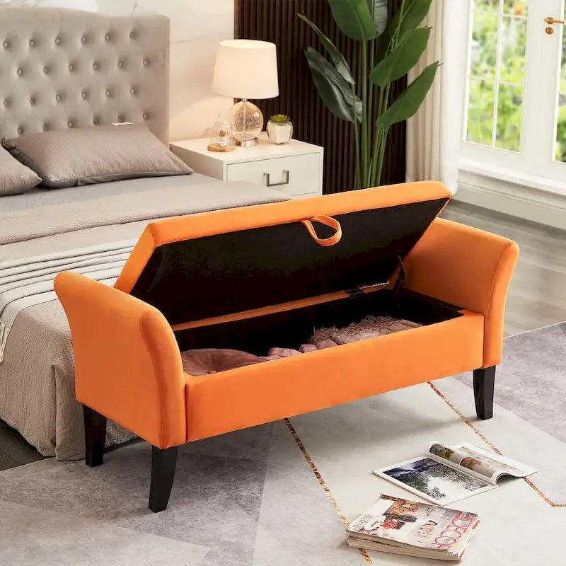 Tufted Velvet Storage Bench with Rolled Arms and Wooden Legs