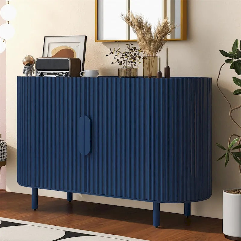 Curved 4-Door Sideboard with Adjustable Shelves White Walnut Black Blue
