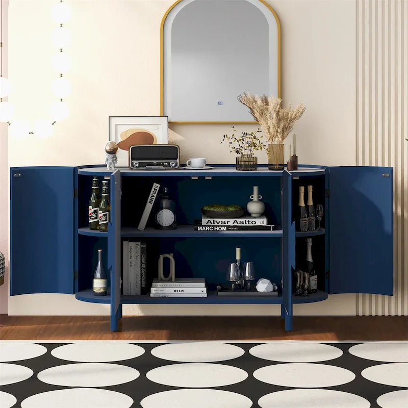 Curved 4-Door Sideboard with Adjustable Shelves White Walnut Black Blue