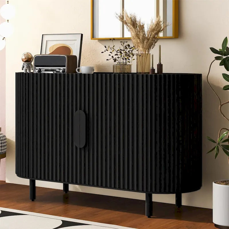 Curved 4-Door Sideboard with Adjustable Shelves White Walnut Black Blue