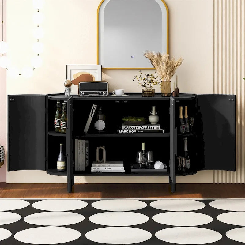 Curved 4-Door Sideboard with Adjustable Shelves White Walnut Black Blue