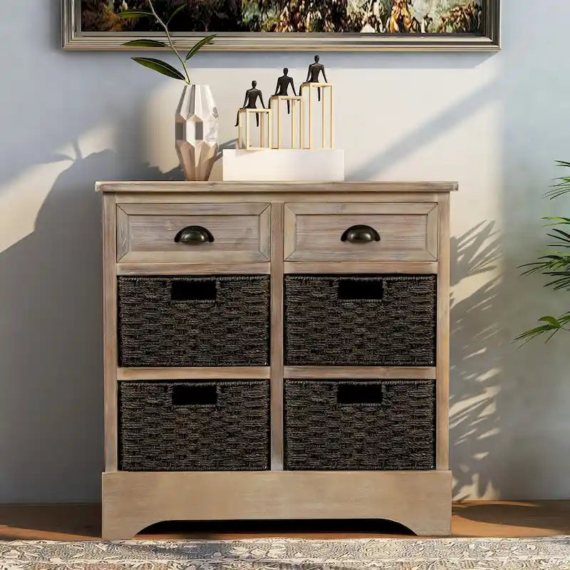 Rustic Farmhouse Storage Cabinet with Rattan Baskets and Drawers