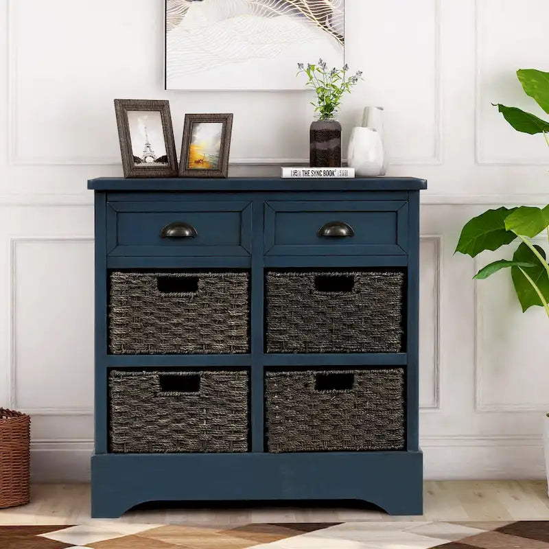 Rustic Farmhouse Storage Cabinet with Rattan Baskets and Drawers