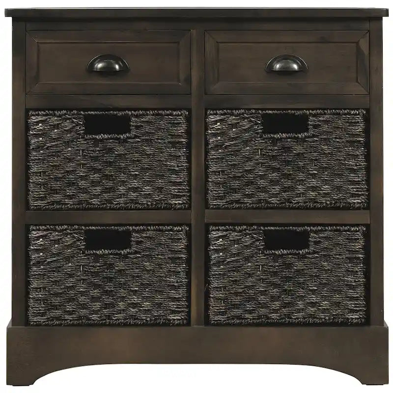 Rustic Farmhouse Storage Cabinet with Rattan Baskets and Drawers