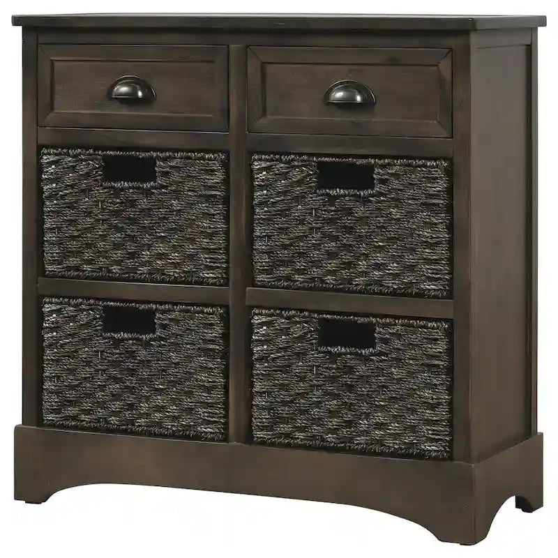 Rustic Farmhouse Storage Cabinet with Rattan Baskets and Drawers