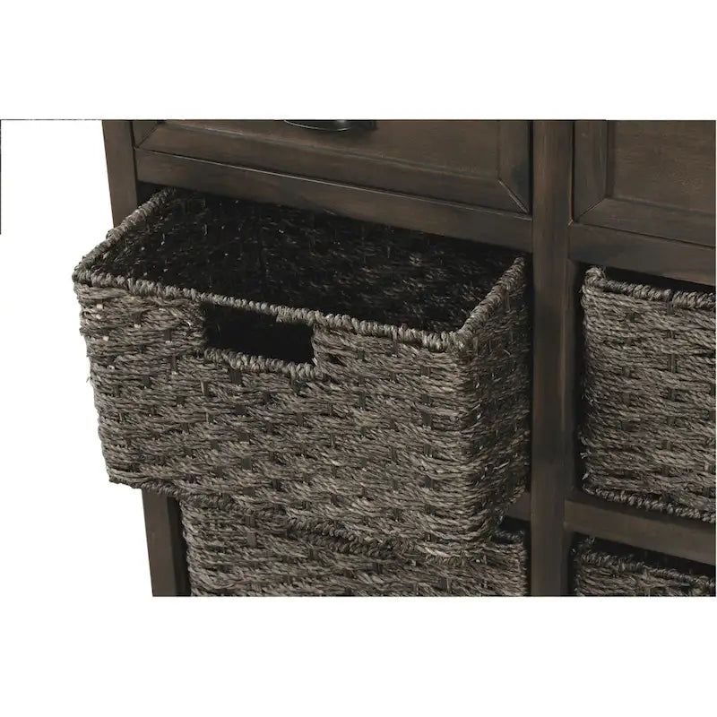 Rustic Farmhouse Storage Cabinet with Rattan Baskets and Drawers