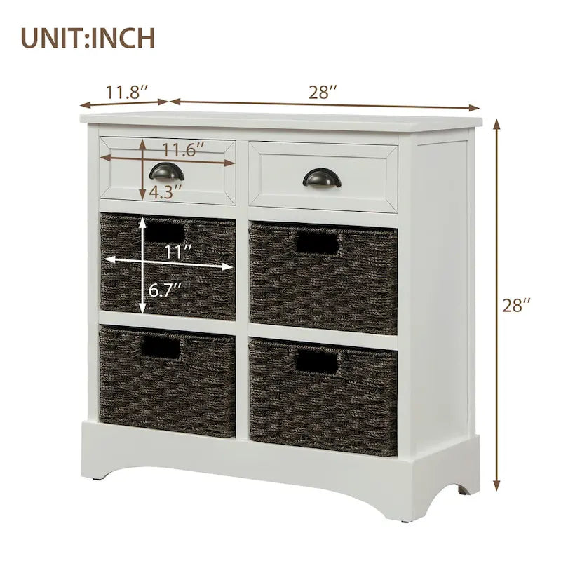 Rustic Farmhouse Storage Cabinet with Rattan Baskets and Drawers